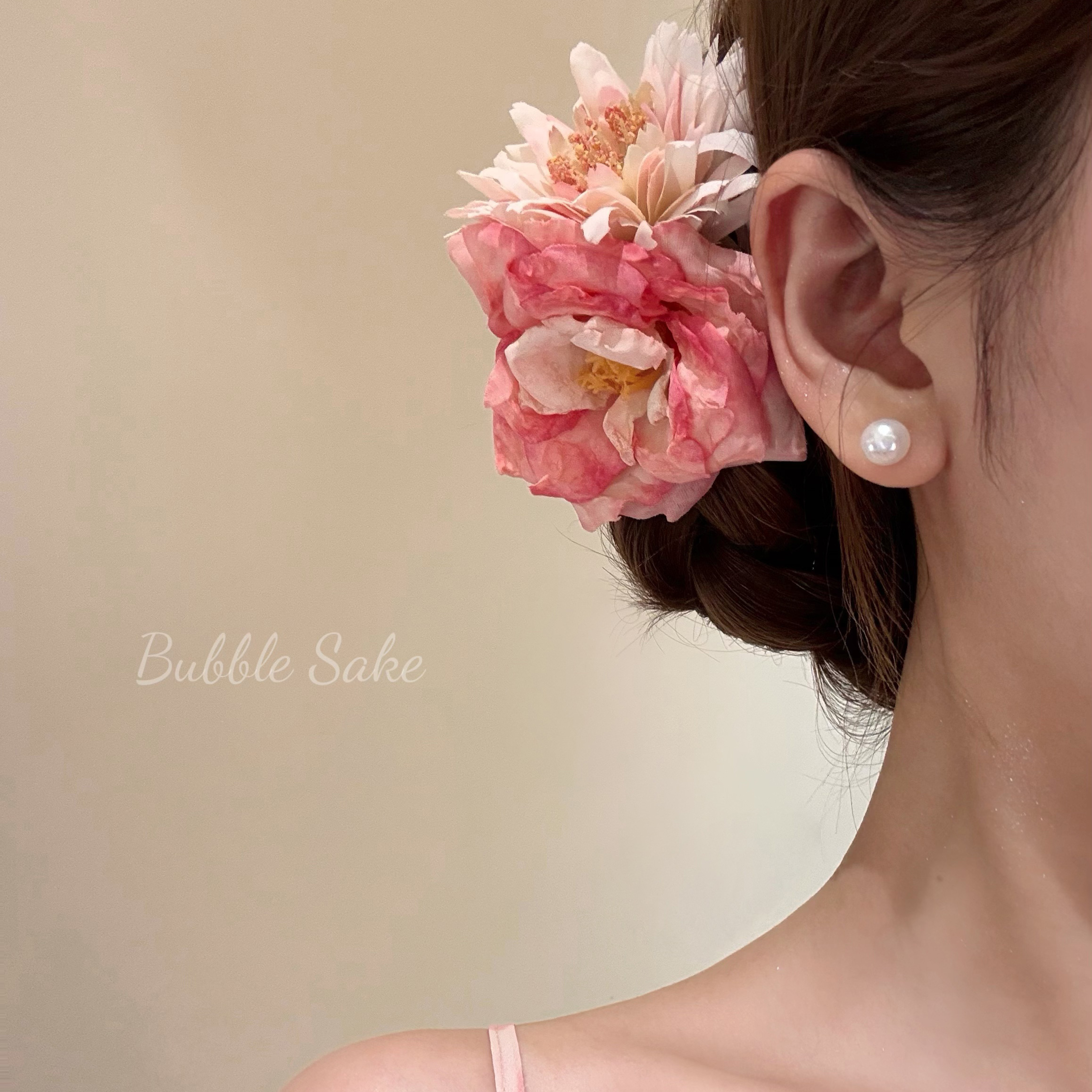 原创【落日粉韵】粉色玫瑰花朵发夹女侧边夹头花海边拍照头饰发饰