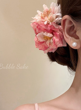 原创【落日粉韵】粉色玫瑰花朵发夹女侧边夹头花海边拍照头饰发饰