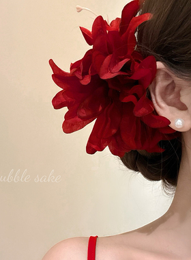 原创【红酒探戈】新中式红色花朵发夹女古风旗袍侧边夹子头花发饰