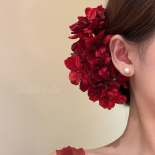 莫奈玫瑰 红色花朵发簪发钗女古风汉服旗袍边夹头花发饰品 新中式