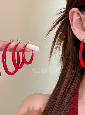 复古氛围 港风红色滴釉大圈圈耳环素圈耳圈女轻奢高级感耳扣耳饰