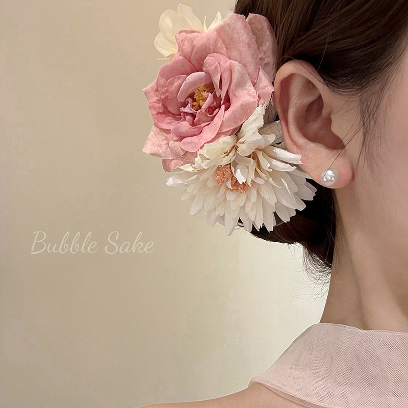 温柔粉漾 超仙粉色花朵发夹女海边度假风拍照侧边夹发卡头花发饰