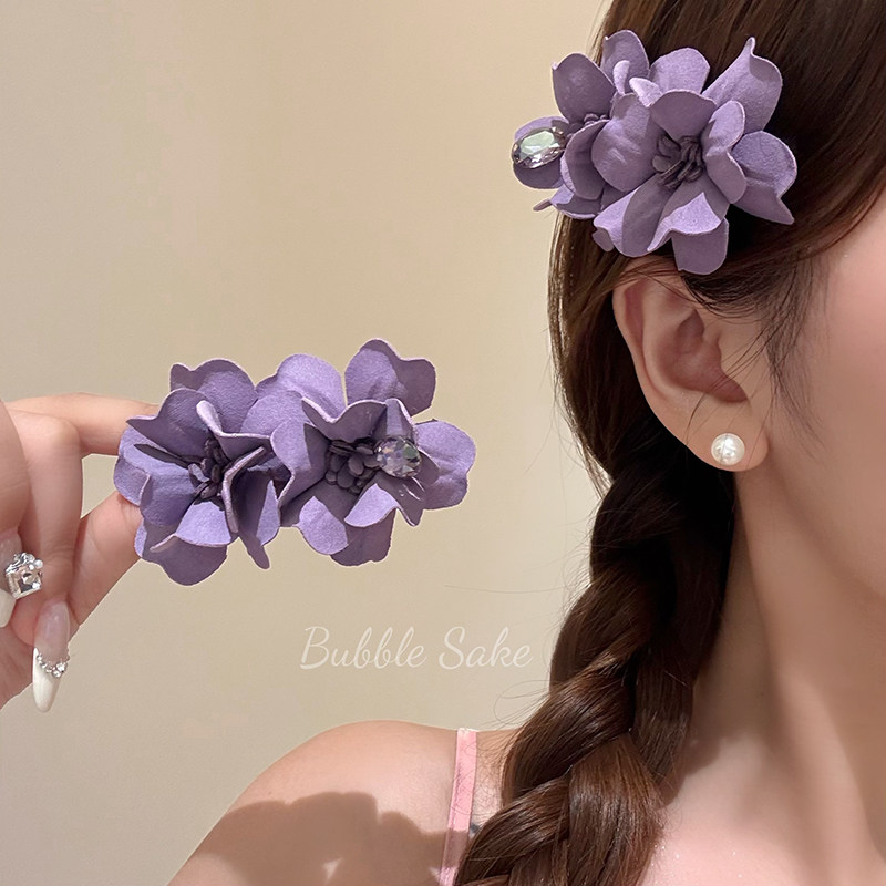 浪漫花屿 超仙紫色花朵闪钻发夹女氛围感侧边夹发卡度假风发饰夏