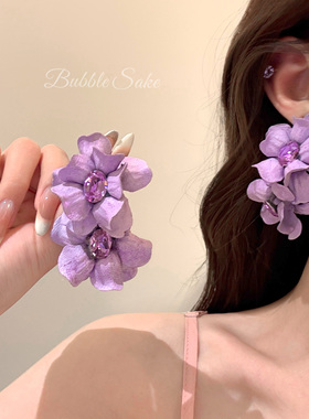 紫雾香氛 超仙紫色花朵耳环女夏天度假风独特夸张绝美耳钉耳饰品