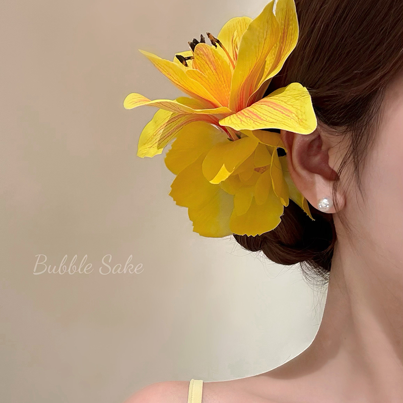 原创【塞纳花房】 超仙黄色花朵发夹女氛围感侧边夹海边度假发饰