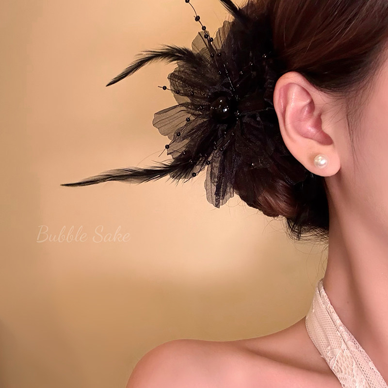气质黑月光 超仙花朵羽毛发夹女高级感侧边鸭嘴夹子后脑勺头饰品