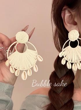 Bubble Sake盛夏岛屿~波西米亚风拉菲草编织耳环夸张度假耳饰配饰