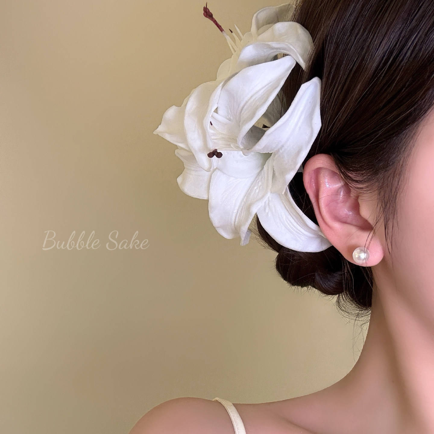 【原创】春山远黛 巨好看白色百合花发夹女海边度假侧边夹头花饰