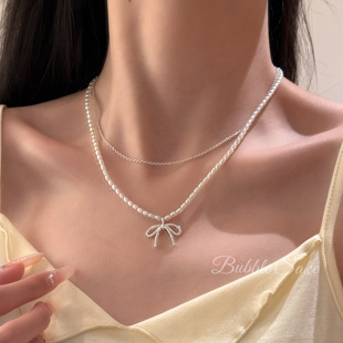 白月香颂 秋冬蝴蝶结小米珍珠双层项链choker女轻奢小众颈链配饰