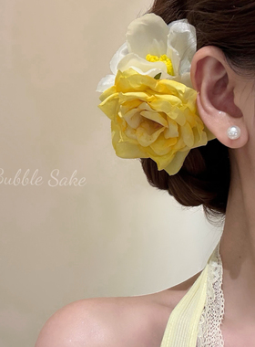 原创【加州阳光】黄色玫瑰花朵发夹女侧边夹头花发卡海边发饰头饰