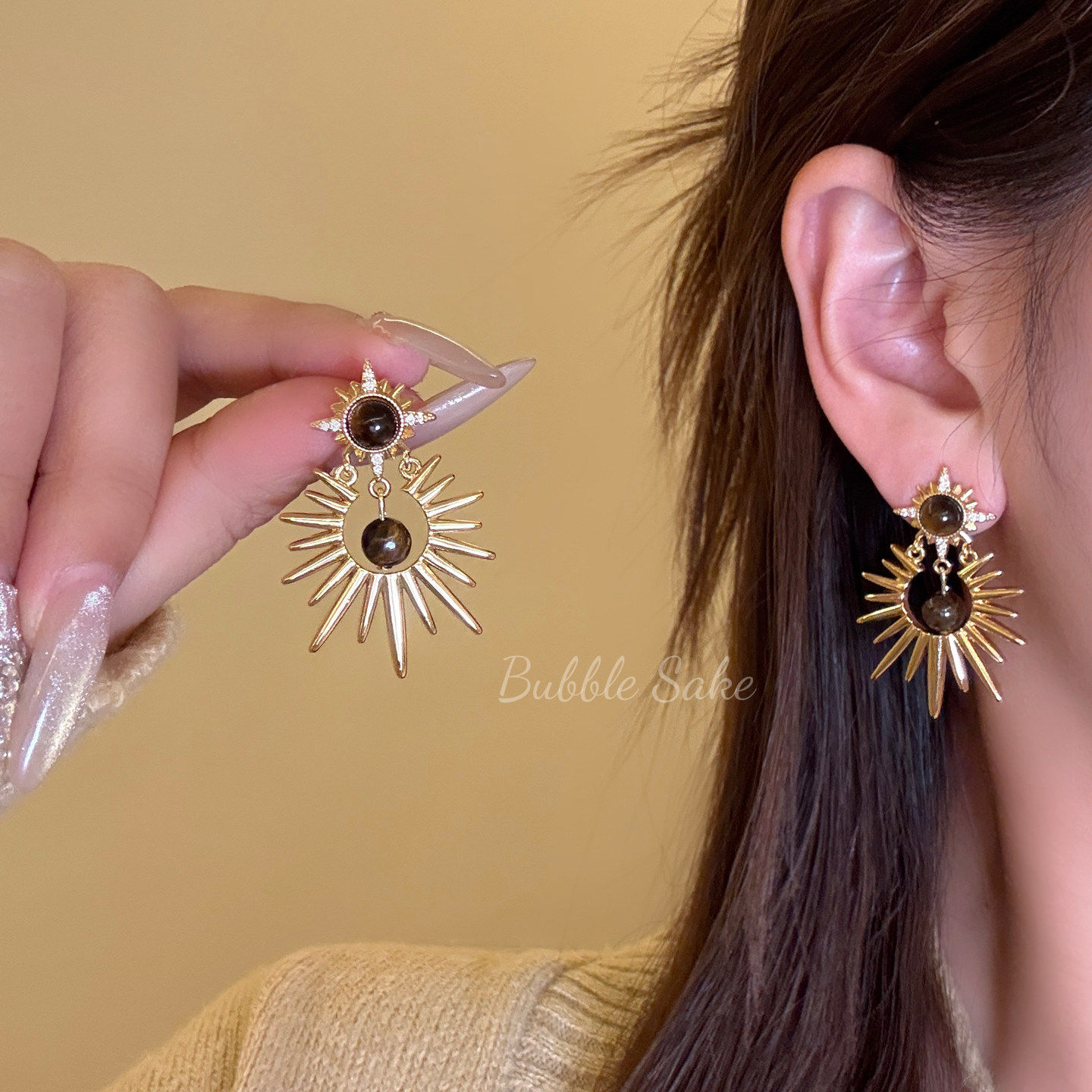 罗马风情 金色芒星虎眼石耳环女复古轻奢小众高级感耳钉夸张耳饰,饰品/流行首饰/时尚饰品新,耳钉,淘宝优惠券,粉丝福利购,淘宝优惠卷