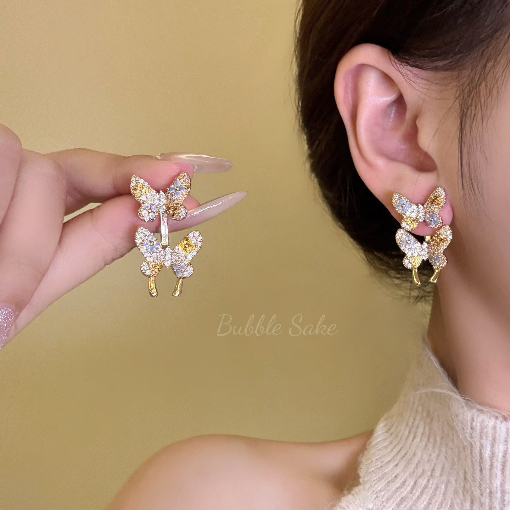 鎏金蝶影 闪锆金色蝴蝶耳钉女后挂式小众高级感气质耳环绝美耳饰,饰品/流行首饰/时尚饰品新,耳钉,淘宝优惠券,粉丝福利购,淘宝优惠卷