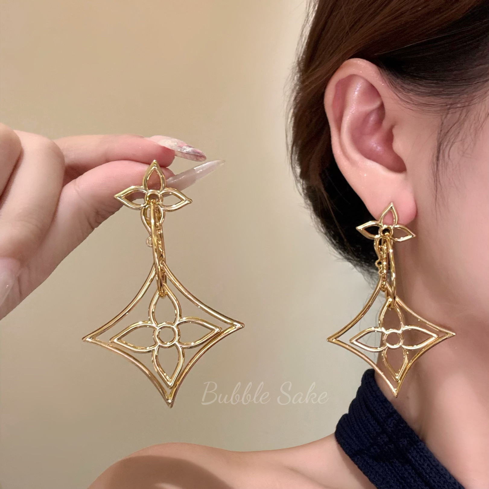 欧阳娜娜同款复古金色菱形耳环