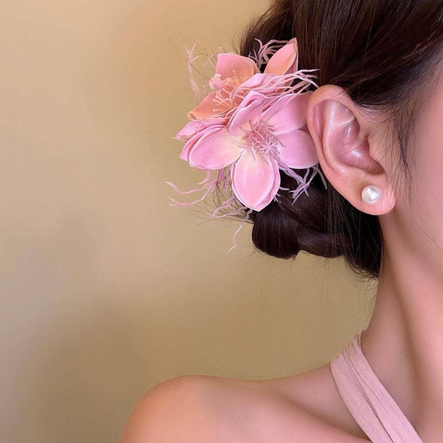 粉香入春 超仙温柔粉色龙须茉莉发夹女度假风拍照侧边夹头花发饰