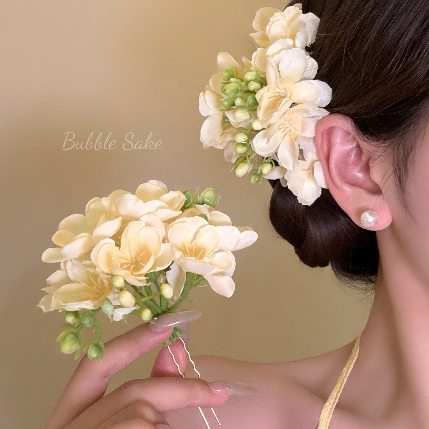 【原创】晴岛茉莉 氛围感黄色花朵发簪发钗女海边度假侧边夹头花