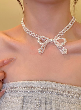 甜心环绕蝴蝶结珍珠choker