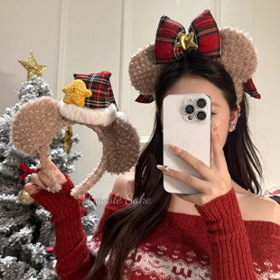 圣诞协奏曲 可爱毛绒红格子蝴蝶结发箍节日氛围拍照头箍发卡头饰