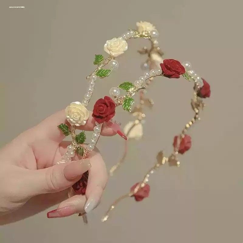 法式复古干枯红玫瑰花朵发箍女高级小众发卡新娘头饰头箍