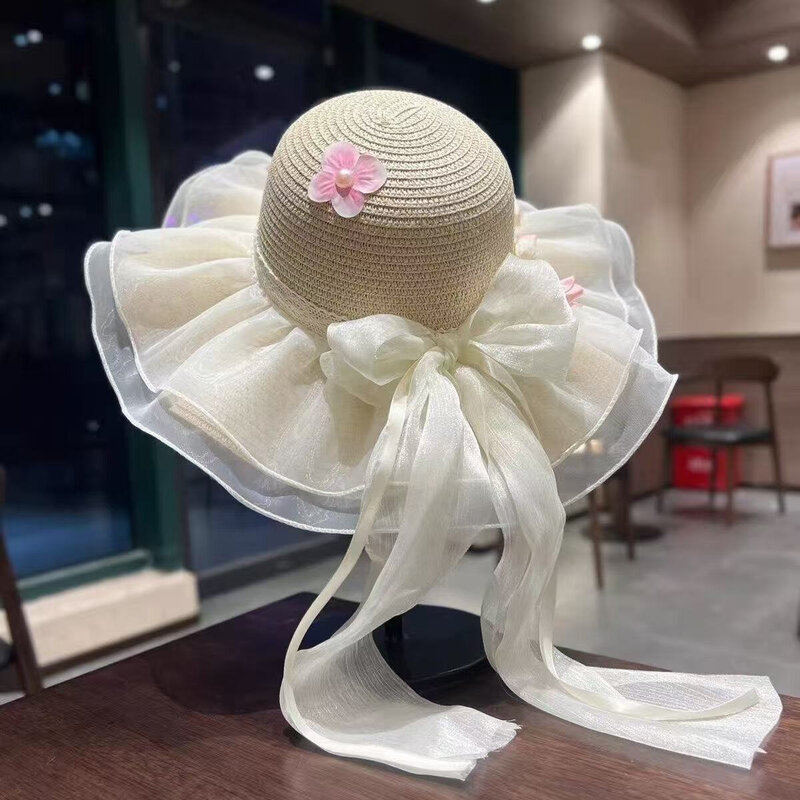 白色蕾丝蝴蝶结仙女草帽海边沙滩风铃花点缀度假防晒遮阳帽