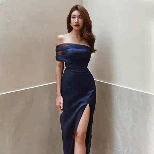 Satin slit micro through yarn one-shoulder mini dress dress