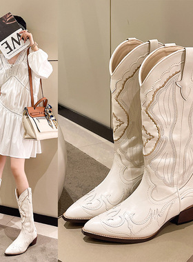 Mid leg knight boots high leg beige pointed boots米色尖头靴