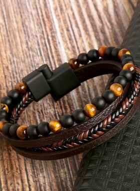 Leather Bracelet Men Tiger's Eye Bead bracelet 小众个性手链