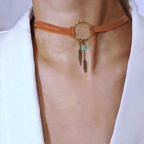 clavicle chain retro necklace leaf pendant leather choker 新