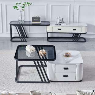 极简伸缩方形 岩板茶几电视柜组合家用客厅小户型轻奢软包公寓意式