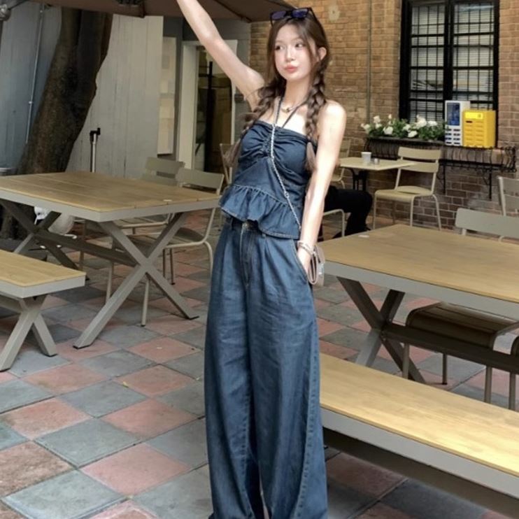 炸直筒阔腿裤牛仔套装女上衣两件时尚套装