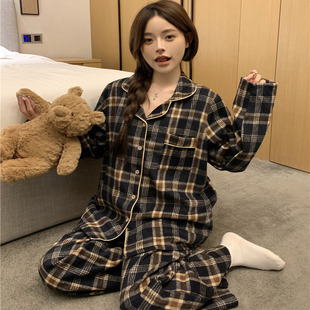 韩版秋冬季睡衣女款纯棉麻磨毛大格纹撞色宽松外穿休闲家居服套装