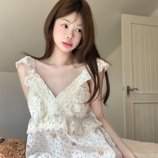 睡裙家居服套装 法式 飞飞袖 甜美碎花小熊蕾丝花边V领睡衣女款 夏季