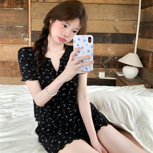 短裤 带胸垫开衫 短袖 薄 碎花小个子家居服套装 甜美睡衣女款 韩版 夏季