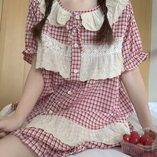 甜美公主风蕾丝格子全棉情侣睡衣夏季 短裤 韩版 短袖 男士 家居服套装