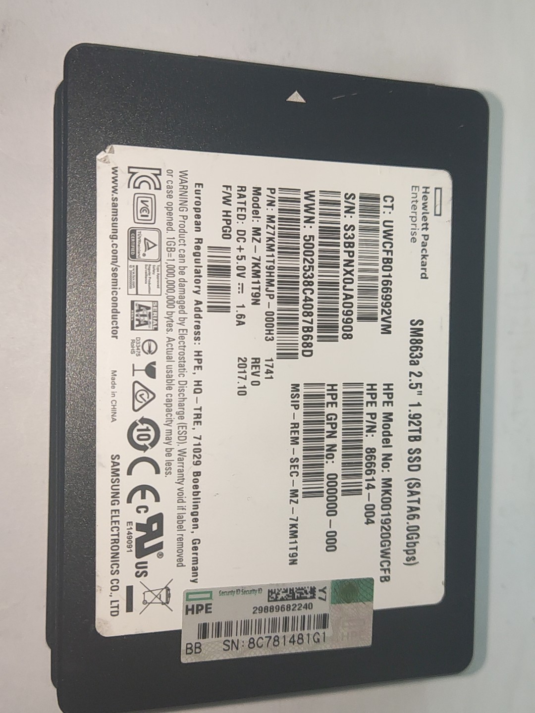 hpe 惠普定制版 Sm863a 1.92tb SSD 固态