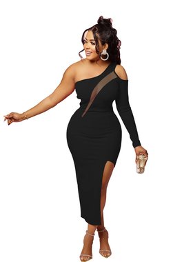 Y1225亚马逊欧美时尚性感女装 纯色斜肩网纱拼接单长袖开叉连衣裙