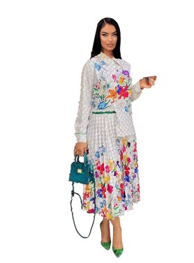 Y71379欧美女装 2023 秋冬季 新款 雪纺长袖衬衣中长百褶裙两件套