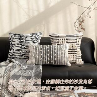 黑白灰手织肌理几何编织抱枕ins风设计师沙发靠垫样板房靠枕