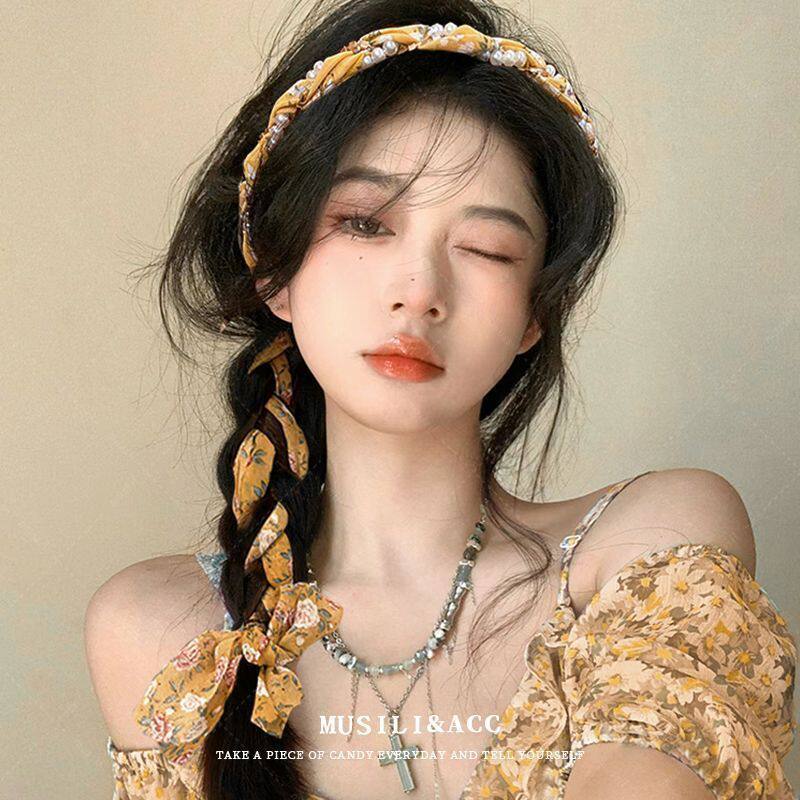 绑发丝巾飘带发箍一体系丝带公主发箍珍珠系饰品碎花编发发带