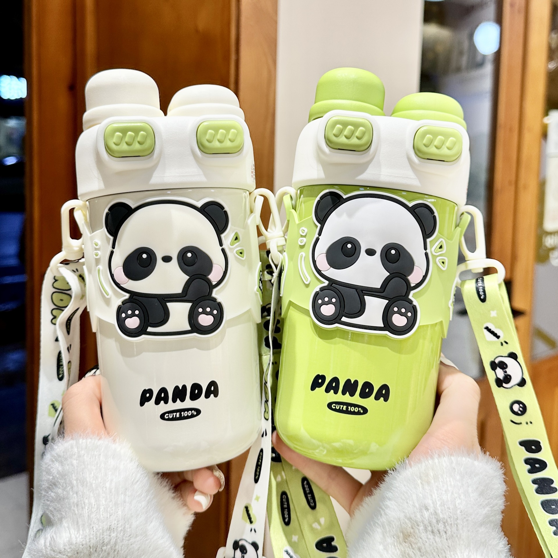 新款儿童保温杯熊猫双饮水杯可爱随身吸管杯双盖大容量杯子