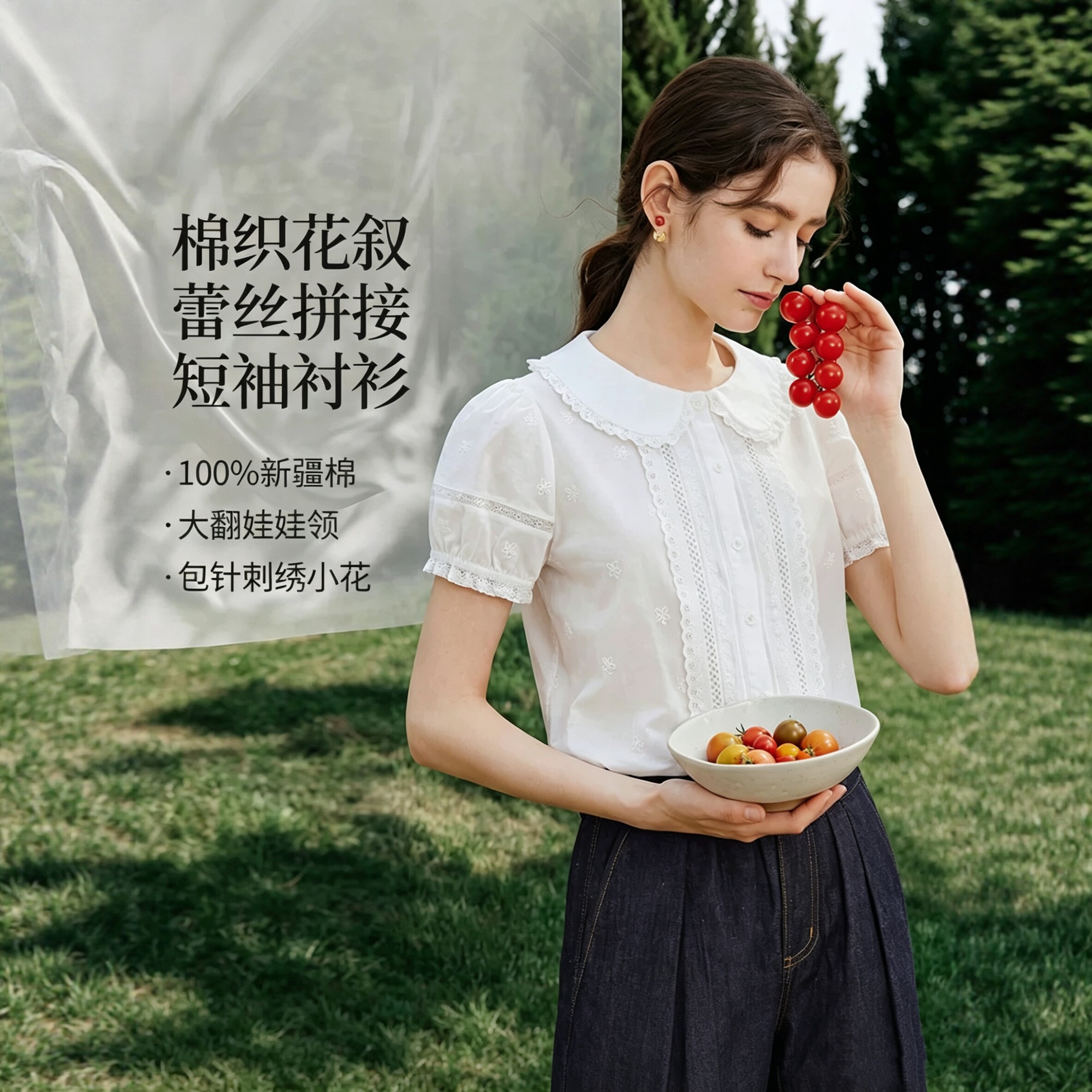 折扣法式蕾丝花边娃娃领衬衫女2026夏季纯棉内搭短袖泡泡袖白衬衣