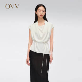 衬衫 20MM弹力双乔荡领配腰绳短袖 女装 OVVOutlet2024春夏新款