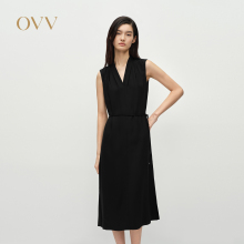 OVV2025春夏新款女装醋酸面料V领中款连衣裙经典小黑裙