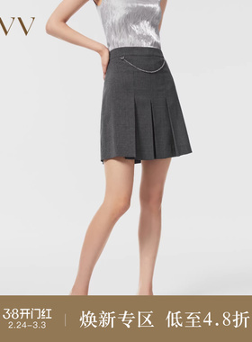 OVV春夏热卖女装羊毛混纺纹理可拆卸链条A字短褶半身裙