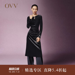 女装 OVV秋冬热卖 极夜丝绒 圆领连衣裙 日本进口三醋酸