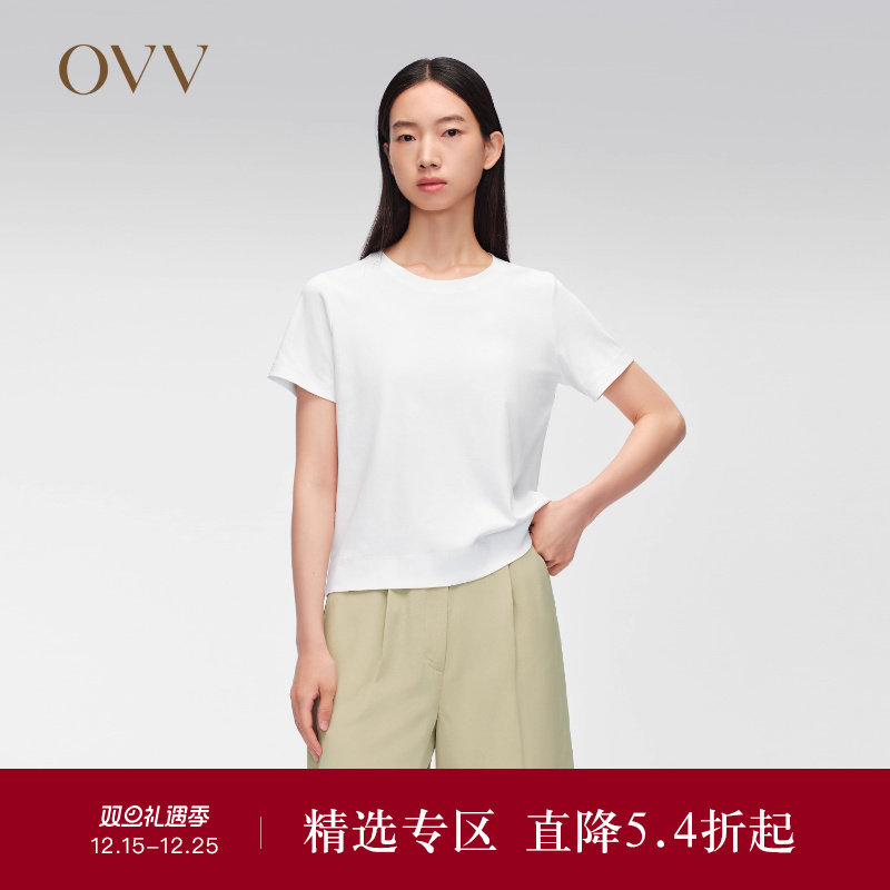 OVVOutlet春夏热卖女装艺术精致小圆领棉质休闲短袖T恤