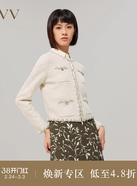 OVVOutlet秋冬女装丝绒织带装饰金银丝短款圆领休闲针织开衫