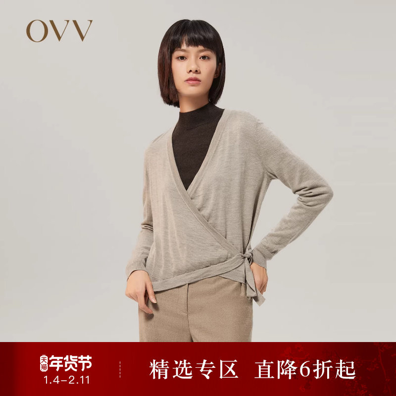 OVVOutlet秋冬女装经典舒适半斜襟围裹款式长袖针织衫羊绒衫