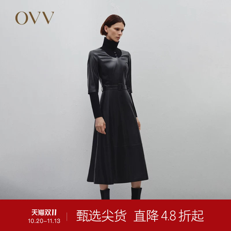OVV Outlet 秋冬热卖女U领中袖随附腰带中长款皮裙小黑裙连衣裙