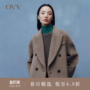 OVVOutlet秋冬女装 意大利进口羊毛戗驳领宽松双排扣大衣