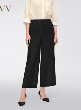 OVVOutlet春夏热卖女装14MM柔叠绉桑蚕丝利落阔腿九分休闲裤